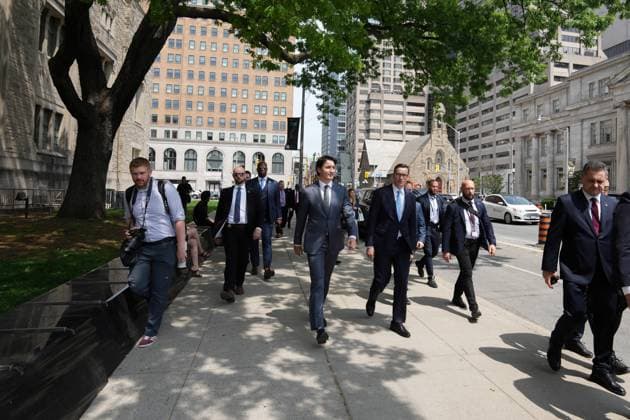 June 2, 2023, TORONTO, ON, Canada: Prime Minister Justin Trudeau walks along a street with Poland Prime Minister Mateusz Morawiecki on their way to an announcement in Toronto on Friday June 2, 2023. TORONTO Canada  - ZUMAc35_ 20230602_zaf_c35_045 Copyright: xChrisxYoungx
