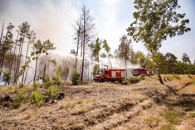 Bilder des Jahres 2023, News June 06 News Themen der Woche KW22 News Bilder des Tages Waldbrand in Jüterbog breitet sich auf 150 Hektar aus, Bei dem Waldbrand bei Jüterbog verschärfte der aufkommende Wind und die warmen Temperaturen am Wochenende die Lage am Brandort. Das Feuer hatte sich bis zum Sonntagnachmittag auf ca. 150 Hektar ausgedehnt. Die Feuerwehr Jüterbog war mit zahlreichen Kräften im Einsatz und löschte vom Weg aus partiell die Brandherde ab, nach wie vor kann die Feuerwehr nur eingeschränkt vom Boden aus löschen, aufgrund der vorhandenen Munitionsverdachtsflächen auf dem gesamten Gebiet. Jüterbog Brandenburg Deutschland *** Forest fire in Jüterbog spreads to 150 hectares, In the forest fire near Jüterbog, the emerging wind and warm temperatures at the weekend exacerbated the situation at the site of