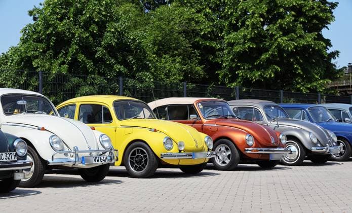 05.06.2023, Deutschland, NRW, Autos, Oldtimer, Volkswagen, VW, VW Oldtimer stehen in einer Reihe auf einem Autohof, VW Käfer, Cabriolet, H-Kennzeichen NRW Deutschland *** 05 06 2023, Germany, NRW, cars, classic cars, Volkswagen, VW, VW classic cars standing in a row at a car yard, VW Beetle, convertible, H license plate NRW Germany Copyright: xD.xKerlekin SnowfieldxPhotographyx SF050623VWOldD6