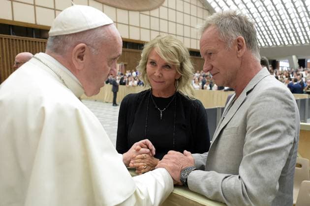 (File) Pope Francis with stars and royals - Vatican Pope Francis greets British musician Sting (Gordon Sumner) and his wife Trudie Styler at the end of the weekly general audience at the Vatican on August 8, 2018. The Vatican Museums have collaborated with Sting to create a surround-sound, live show telling the tale of Michelangelo and the Sistine chapel his frescoed masterpiece. - Pope Francis will celebrate his 10th anniversary of pontificate on March 13. Photo by Eric Vandeville ABACAPRESS.COM Rome Vatican (or Holy See)  Copyright: xVandevillexEric ABACAx 843019_008 VandevillexEric ABACAx 843019_008