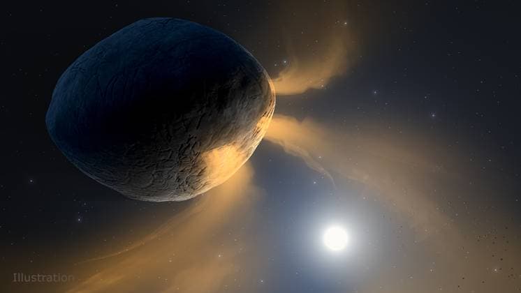 Asteroid Phaethon s Comet-Like Tail Not Made Of Dust But Gas Handout photo - This illustration depicts asteroid Phaethon being heated by the Sun. The asteroid?s surface gets so hot that sodium inside Phaethon?s rock likely vaporizes and vents into space, causing it to brighten like a comet and form a tail. We have known for a while that asteroid 3200 Phaethon acts like a comet. It brightens and forms a tail when it?s near the Sun, and it is the source of the annual Geminid meteor shower, even though comets are responsible for most meteor showers. Scientists had blamed Phaethon?s comet-like behavior on dust escaping from the asteroid as it?s scorched by the Sun. However, a new study using two NASA solar observatories reveals that P  Copyright: xABACAx 850759_001 ABACAx 850759_001