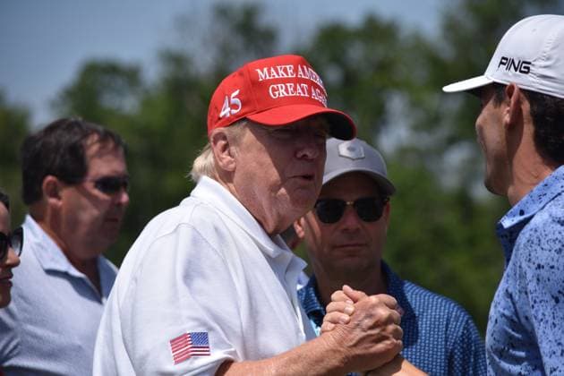 May 27, 2023, Sterling, Virginia, United States: Former President of the United States Donald J. Trump visits the driving range and speaks with fans. Former President of the United States Donald J. Trump visits the driving range, meets fans and watches LIV Golf Washington DC 2023 Round 2 at Trump National Golf Club Washington DC in Sterling, Virginia, United States. Sterling United States - ZUMAs197 20230527_zaa_s197_130 Copyright: xKylexMazzax