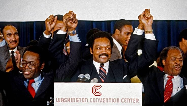 April 17, 1986, Washington, District of Columbia, US: The Reverend Jesse Jackson and DC Mayor Marion Barry (R) grip hands over their heads at the opening of the first Rainbow Coalition national convention at the Walter E. Washington convention center Washington US - ZUMAr142 19860417_zap_r142_001 Copyright: xMarkxReinsteinx