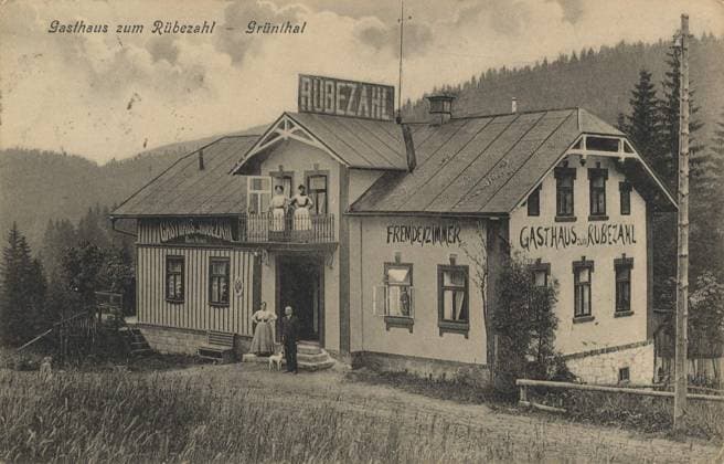 Gasthaus zum Rübezahl, Grünthal, Schlesien, Ansicht von ca 1910, digitale Reproduktion einer gemeinfreien Postkarte 1f-4860032