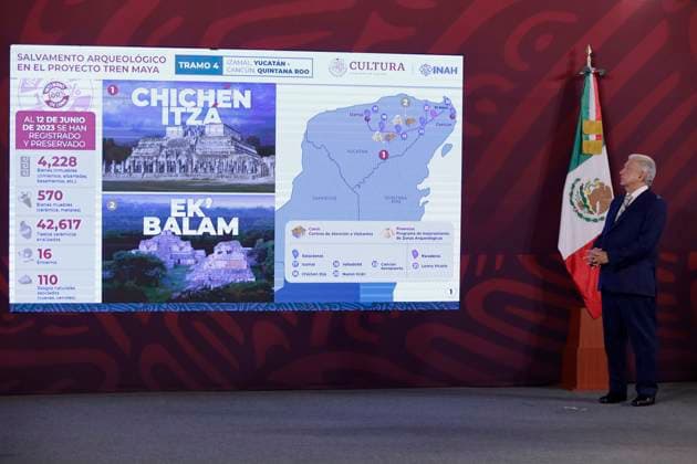 AndrÃ s Manuel Lopez Obrador, President Of Mexico, Announces Progress On The Tren Maya (Mayan Train) Andres Manuel Lopez Obrador, President of Mexico, during a morning press conference at the National Palace in Mexico City, on june 12, 2023, where he announced the progress of the Mayan Train, which will be inaugurated in December of this year. Mexico City Mexico  Copyright: xGerardoxVieyrax originalFilename: vieyra-notitle230612_npEbH.jpg