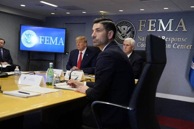 Homeland Security Secretary Chad Wolf Resigns File photo dated March 19, 2020 of President Donald Trump and Vice President Mike Pence listen during a teleconference with governors at the Federal Emergency Management Agency headquarters in Washington, DC, USA. Chad Wolf (second from right), the acting homeland security secretary, who helped enact key pieces of the Trump administration?s hardline immigration agenda, resigned on Monday, as the nation confronts heightened security threats after an attack on the US capitol by supporters of the president. Photo by Evan Vucci Pool ABACAPRESS.COM Washington DC United States  Copyright: xPool ABACAx 752645_003 Pool ABACAx 752645_003