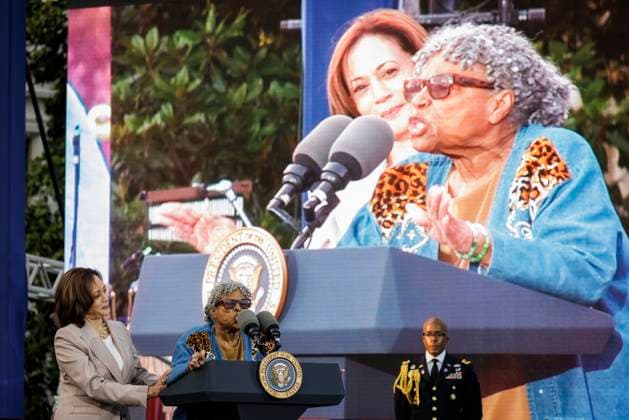 Opal Lee, also known as the Grandmother of Juneteenth, speaks alongside Vice President Kamala Harris during a Juneteenth concert on the South Lawn of the White House on June 13, 2023 in Washington, D.C. Juneteenth celebrates the emancipation of enslaved African Americans on June 19th and was declared a federal holiday in 2021 by President Joe Biden.  WASP20230613103 SamuelxCorum SipaxUSA