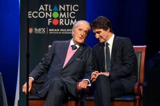 June 19, 2023, Antigonish, NS, Canada: Prime Minister Justin Trudeau, right, and former prime minister Brian Mulroney speak during the Atlantic Economic Forum at St. Francis Xavier University in Antigonish, N.S. on Monday, June 19, 2023. Antigonish Canada  - ZUMAc35_ 20230619_zaf_c35_073 Copyright: xDarrenxCalabresex