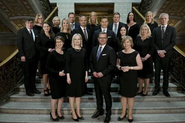 The new Government of Finland led by Prime Minister Petteri Orpo pose for a family picture in Helsinki, Finland on June 20, 2023. First row l-r, Minister of Agriculture and Forestry Sari Essayah, Minister of Finance Riikka Purra, Prime Minister Petteri Orpo and Minister of Education Anna-Maja Henriksson. Second row l-r Minister of Labour (split into two-year posts) Arto Satonen, Minister for Local and Regional Government Anna-Kaisa Ikonen, Minister for Culture and Science (split into two-year posts) Sari Multala, Minister of the Environment and Climate Change Kai Mykkänen, Minister of Defence Antti Häkkänen, Minister for Social Security Sanni Grahn-Laasonen, Minister of Justice Leena Meri and Minister for Europe and Corporate Governance And  Copyright: xAnttixAimo-Koivistox LKFTJK20230620170803DSCM