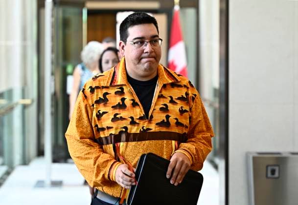 June 20, 2023, Ottawa, ON, CAN: Chief Dylan Whiteduck of Kitigan Zibi Anishinabeg First Nation arrives to participate in a news conference on the opposition to a planned radioactive waste dump near the Ottawa River at the Chalk River Laboratories, in Ottawa, on Tuesday, June 20, 2023. Ottawa CAN  - ZUMAc35_ 20230620_zaf_c35_016 Copyright: xJustinxTangx