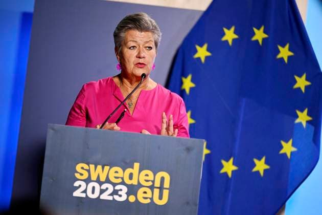 STOCKHOLM 20230621 EU- kommissionären Ylva Johansson deltar i en presskonferens halls som avslutning av ministermötet mellan EU och USA, en del av Sveriges ordförandeskap i Europeiska unionens rad pa onsdagen. STOCKHOLM SVERIGE x10500x *** STOCKHOLM 20230621 EU Commissioner Ylva Johansson attends a press conference held at the end of the EU-US ministerial meeting, part of Swedens presidency of the Council of the European Union on Wednesday STOCKHOLM SWEDEN x10500x  Copyright: xPontusxLundahl TTx PRESSTRÄFF EU-USA TTABB0000000000195939