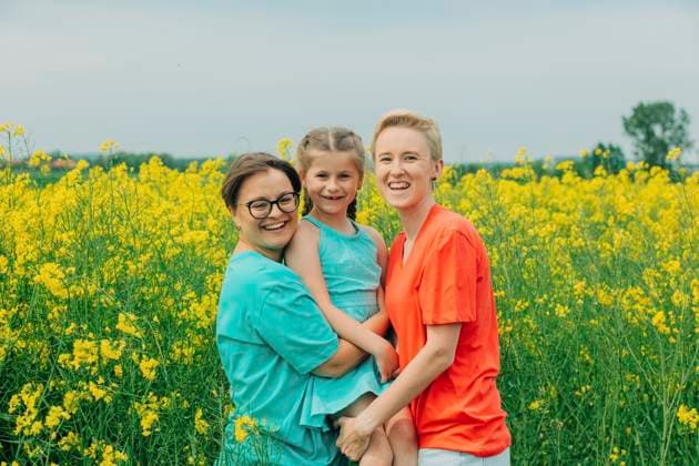 Happy lesbian mothers with daughter enjoying at field model released, Symbolfoto, VSNF00971