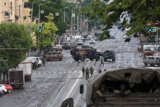 RUSSIA, ROSTOV-ON-DON - JUNE 24, 2023: Military vehicles are seen in a street. Erik Romanenko TASS  60035339
