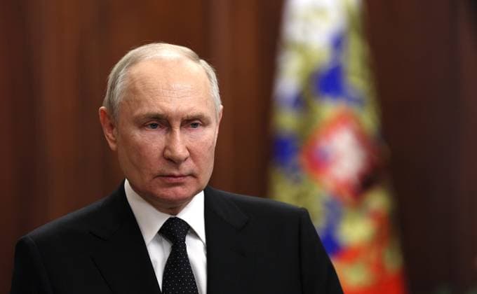 June 24, 2023. - Russia, Moscow. - Russian President Vladimir Putin delivers a national video address after Yevgeny Prigozhin, the owner of the Wagner Group military company, called for armed rebellion and reached the city of Rostov-on-Don with his troops. KremlinxPool
