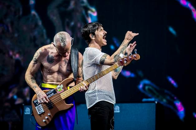 Red Hot Chili Peppers live at Tinderbox 2023, Odense, Denmark Odense, Denmark. 24th, June 2023. The American rock band Red Hot Chili Peppers performs a live concert during the Danish music festival Tinderbox 2023 in Odense. Here singer and songwriter Anthony Kiedis is seen live on stage with bass player Flea. Odense Denmark  Copyright: xGonzalesxPhoto LassexLagonix