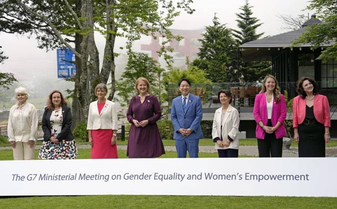 News Themen der Woche KW25 News Bilder des Tages G-7 ministerial meeting on gender equality Participants of the Group of Seven ministerial meeting on gender equality and women s empowerment pose for a group photo in Nikko in Tochigi Prefecture, eastern Japan, on June 25, 2023.  A14AA0001619892P