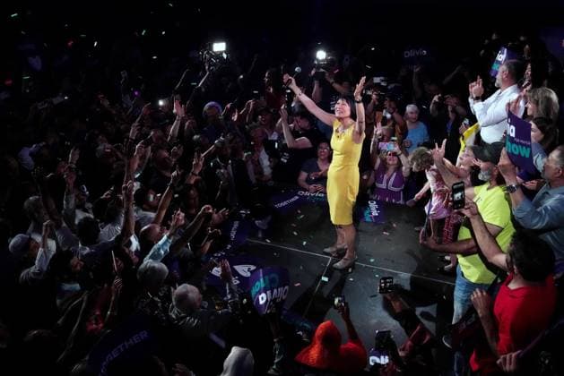 June 26, 2023, Toronto, ON, CANADA: Toronto s newly elected mayor Olivia Chow gestures to supporters as she celebrates her win at an election night event in Toronto on Monday, June 26, 2023. Toronto CANADA  - ZUMAc35_ 20230626_zaf_c35_119 Copyright: xChrisxYoungx