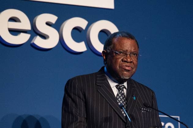 75th Anniversary of UNESCO on the 12th of November 2021 - Paris Namibia s President Hage Geingob gives a speech during the 75th anniversary celebrations of The United Nations Educational, Scientific and Cultural Organization (UNESCO) at UNESCO headquarters in Paris on November 12, 2021. Photo by Quentin Veuillet ABACAPRESS.COM  Copyright: xVeuilletxQuentin ABACAx 787891_006 VeuilletxQuentin ABACAx 787891_006