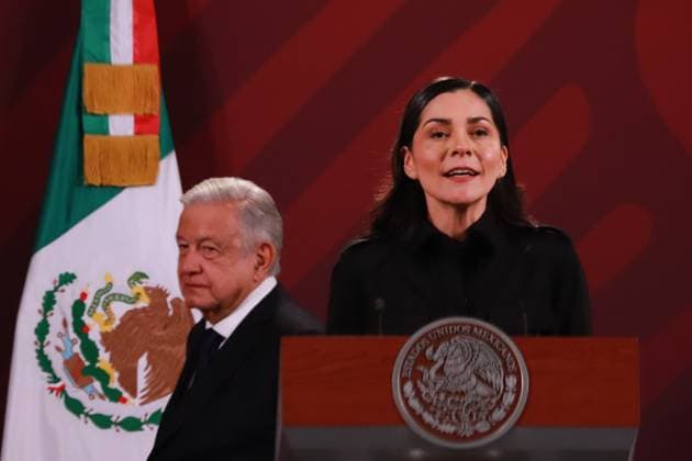 Mexican President, Lopez Obrador Daily Briefing Conference June 28, 2023 in Mexico City, Mexico: The Director of Networks of the General Coordination of Social Communication and Spokesperson for the Presidency; Elizabeth Garcia Vilchis speaks during the President of Mexico, Andres Manuel Lopez Obrador daily morning briefing conference, in front of reporters at the national palace, on June 28, 2023 in Mexico City, Mexico. (Photo by Carlos Santiago Eyepix Group) Copyright: xCarlosxSantiagox xEyepixxGroupx CS202306286861