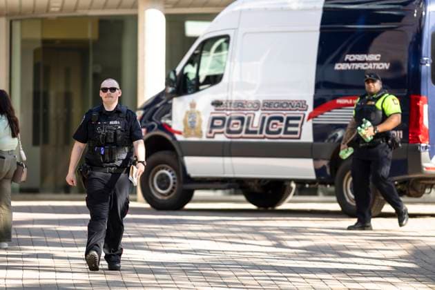 June 28, 2023, Waterloo, ON, Canada: Members of the Waterloo Regional Police investigate a stabbing at the University of Waterloo, in Waterloo, Ont., Wednesday, June 28, 2023. Waterloo Regional Police said three victims were stabbed inside the universitys Hagey Hall, with one person was taken into custody. Waterloo Canada - ZUMAc35_ 20230628_zaf_c35_111 Copyright: xNickxIwanyshynx