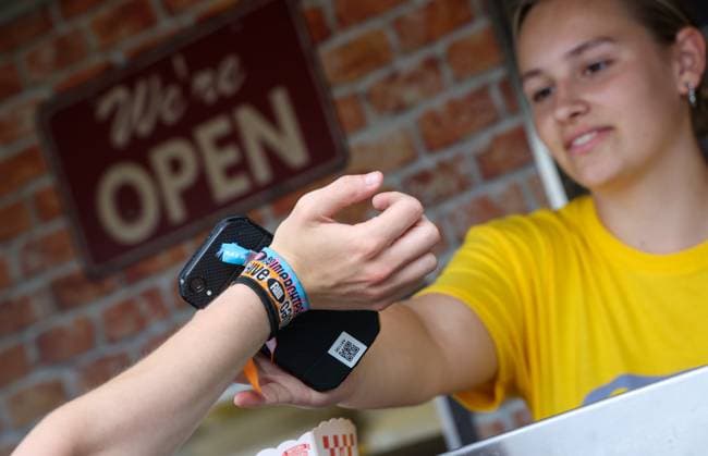 Illustration picture shows the cashless payment system with a wristband during the first day of the Rock Werchter music festival in Werchter, Thursday 29 June 2023. The 47th edition of the festival is taking place from 29 June to 2 July.  VIRGINIExLEFOUR 69686263