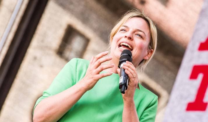 July 1, 2023, Munich, Bavaria, Germany: KATHARINA SCHULZE of the Greens in the Bavarian Landtag. In the tradition of 2018 s highly successful Ausgehetzt demo and march, a coalition of political figures, parties, unions, and civic groups organized the Ausgetrumpt demo against hate, societal division, fake news, and endangerment of democracy ahead of the Landtag elections in the Fall. The movement was triggered after Bavarian coalition partner Hubert Aiwanger made a speech in Erding regarding the quiet minority taking democracy over. The wording is alleged to have mirrored those of the AfD and concerned civic society, just as the CSU s rhetoric of hate in 2018 triggered Ausgehetzt. Munich Germany - ZUMAb160 20230701_zbp_b160_044 Copyright: xSachellexBabbarx