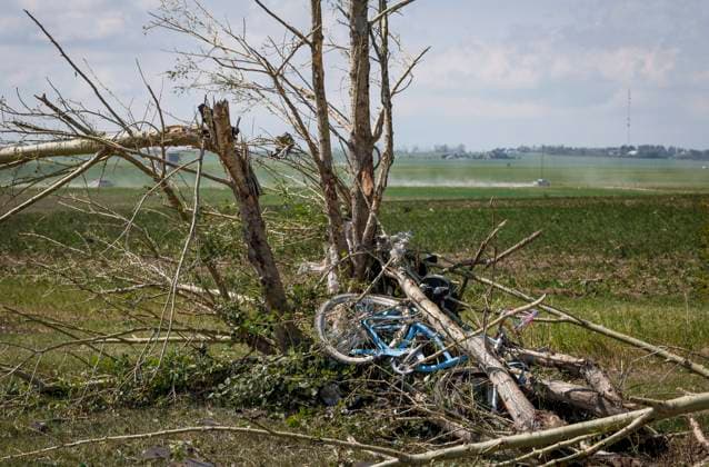 July 1, 2023, Carstairs, AB, CANADA: A bicycle is twisted into a tree after a tornado damaged homes near Carstairs, Alta., Saturday, July 1, 2023. No injuries were reported. Carstairs CANADA  - ZUMAc35_ 20230701_zaf_c35_132 Copyright: xJeffxMcintoshx