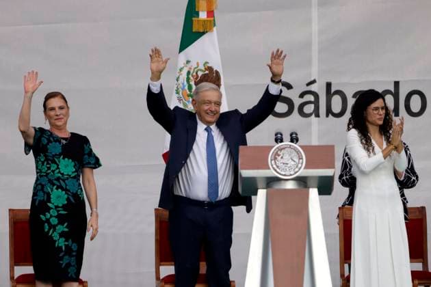 The president of Mexico celebrates his 5 years of democratic triumph July 1, 2023, Mexico City, Mexico: The President of Mexico, Andres Manuel Lopez Obrador with his wife, Beatriz Gutierrez and the Secretary of the Interior, Luisa Maria Alcalde at the celebration of his 5th anniversary of the democratic triumph before thousands of people in the Zocalo in Mexico City. on July 1, 2023 in Mexico City, Mexico (Photo by Luis Barron Eyepix Group). Copyright: xLuisxBarronx xEyepixxGroupx LB_20230701_AMLO4