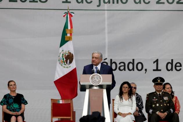 The president of Mexico celebrates his 5 years of democratic triumph July 1, 2023, Mexico City, Mexico: The President of Mexico, Andres Manuel Lopez Obrador with his wife, Beatriz Gutierrez and the Secretary of the Interior, Luisa Maria Alcalde at the celebration of his 5th anniversary of the democratic triumph before thousands of people in the Zocalo in Mexico City. on July 1, 2023 in Mexico City, Mexico (Photo by Luis Barron Eyepix Group). Copyright: xLuisxBarronx xEyepixxGroupx LB_20230701_AMLO6