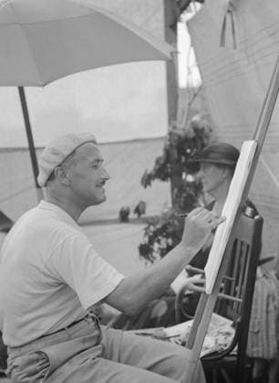 RECORD DATE NOT STATED Man seated outdoors painting, East Hampton, Long Island, between 1933 and 1942. Creator: Arnold Genthe. Copyright:x HeritagexImagesx IMAGO ,2956848 ! ACHTUNG: AUFNAHMEDATUM GESCHÄTZT!  Copyright: HeritagexImagesx IMAGO