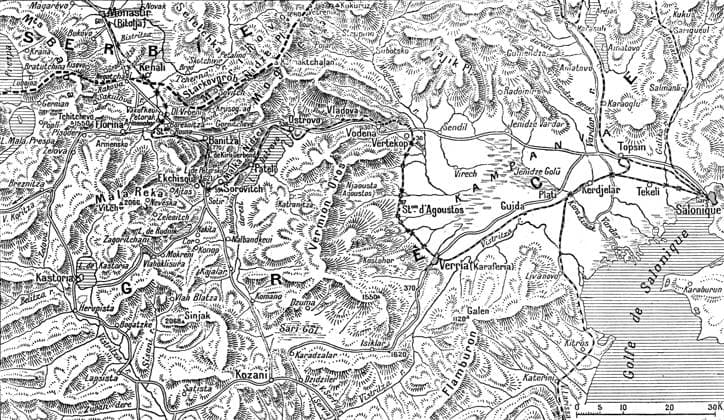 RECORD DATE NOT STATED La Campagne Macedonienne; De Salonique a Monastir , 1916. Creator: Unknown. Copyright:xmapa,pa?s,Franc?s,France,cor,conflito,Greece,militar,guerra,partexdianteira,posi??o,s?culo,cartography,primeiraxguerraxdexmundo,wartime,conceito,B&W,publica??o,Cor,,Macedonia,World.war.i,WWI,pretox&xbranco,pretoxexbranco,B W,brancoxexpreto,GuerraxDexMundoxUma,20oxs?culo,ThexPrintxCollector,map,Unknown,L Illustration,MacedonianxFrontx IMAGO ,2962203 ! ACHTUNG: AUFNAHMEDATUM GESCHÄTZT!  Copyright:mapa,pa?s,Franc?s,France,cor,conflito,Greece,militar,guerra,partexdianteira,posi??o,s?culo,cartography,primeiraxguerraxdexmundo,wartime,conceito,B&W,publica??o,Cor,,Macedonia,World.war.i,WWI