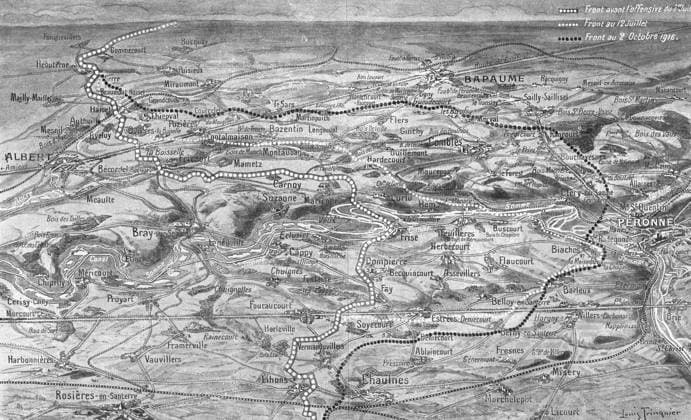 RECORD DATE NOT STATED Les progres de l offensive Franco-Britannique sur la Somme; Trace approximatif sur le..., 1916. Creator: L. Trinquier. Copyright:xmapa,pa?s,Franc?s,France,Brit?nico,cor,guerra,partexdianteira,posi??o,for?as,s?culo,Gr?xBretanha,cartography,primeiraxguerraxdexmundo,wartime,conceito,batalha,ofensivo,B&W,publica??o,Cor,,campanha,World.war.i,WWI,pretox&xbranco,pretoxexbranco,B W,brancoxexpreto,GuerraxDexMundoxUma,20oxs?culo,ThexPrintxCollector,map,L Illustration,Militaryxcampaign,L.xTrinquier,Trinquier,xL.x IMAGO ,2962356 ! ACHTUNG: AUFNAHMEDATUM GESCHÄTZT!  Copyright:mapa,pa?s,Franc?s,France,Brit?nico,cor,guerra,partexdianteira,posi??o,for?as,s?culo,Gr?xBretanha,cartography,primeiraxguerraxdexmundo,wartime,conceito,batalha,ofensivo,B&W,publica??o,Cor,,ca