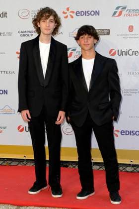 Samuele Segreto and Gabriele Pizzurro attend at red carpet of Globi D Oro 2023 at Villa Massimo in Rome.