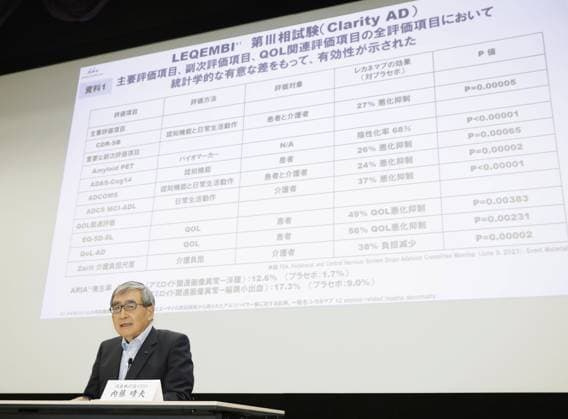 News Themen der Woche KW27 Eisai CEO Naito Haruo Naito, CEO of Japanese pharmaceutical company Eisai Co., speaks during a press conference in Tokyo on July 7, 2023, after the U.S. Food and Drug Administration granted full approval for Eisai and Biogen Inc. s anti-Alzheimer s drug lecanemab.  A14AA0001655058P 