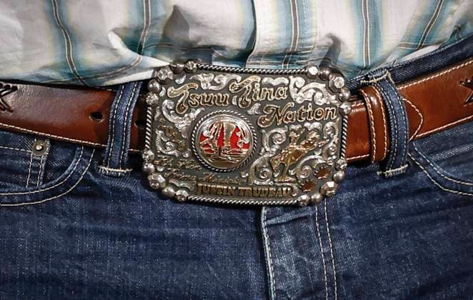 July 7, 2023, Calgary, AB, CANADA: Prime Minister Justin Trudeau wears a belt buckle from the Tsuu tina Nation with his name on it while he attends a Liberal Party of Canada event in Calgary, Alta., Friday, July 7, 2023. Calgary CANADA  - ZUMAc35_ 20230707_zaf_c35_070 Copyright: xJeffxMcintoshx