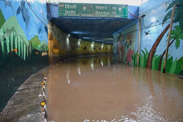 GURUGRAM, INDIA - JULY 9: A view of closed Rajiv Chowk underpass as water gets logged inside the tunnel following heavy monsoon rains, near Tau Devi Lal Stadium, on July 9, 2023 in Gurugram, India. Delhi-NCR was drenched with heavy rain on the intervening night of Friday, Saturday and Sunday. The overnight shower, which continued on Saturday, lowered the temperature in the city, but also caused a lot of pain to commuters who had to face water-logging and long traffic jams in several areas. (Photo by Parveen Kumar Hindustan Times ) Heavy Rains Lashes Delhi-NCR Cause Waterlogging, Traffic Snarls