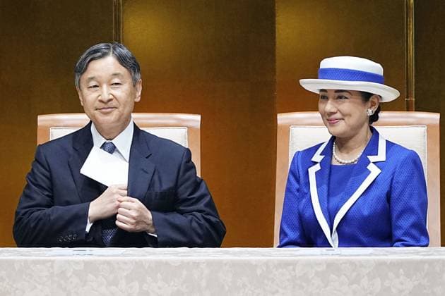 Japan emperor, empress at int l conference Japanese Emperor Naruhito and Empress Masako attend the opening ceremony for an international conference on automatic control systems in Yokohama, near Tokyo, on July 9, 2023.  A14AA0001667806P 