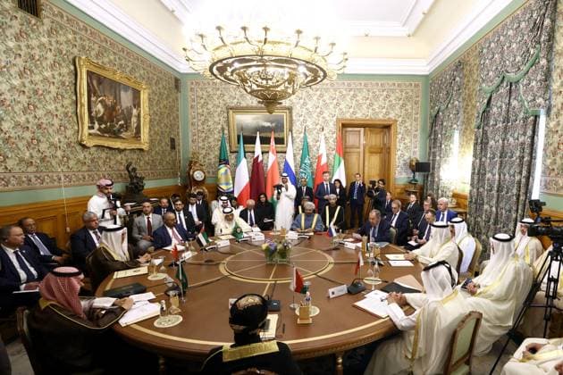 News Themen der Woche KW28 RUSSIA, MOSCOW - JULY 10, 2023: Talks take place during the 6th Ministerial Round of the Russia-GCC (Gulf Cooperation Council) Strategic Dialogue at the Reception House on Spiridonovka Street. Artyom Geodakyan TASS  60374087