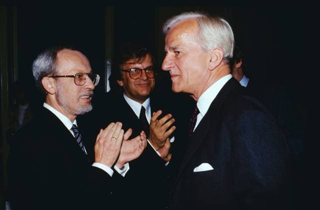 CDU Politiker Lothar de Maiziere, Pianist Justus Frantz und Bundespräsident Richard von Weizäcker, Deutschland, 1990. Copyright: HartwigxValdmanis Nur redaktionelle Nutzung. Editorial usage only. VAL_720100895