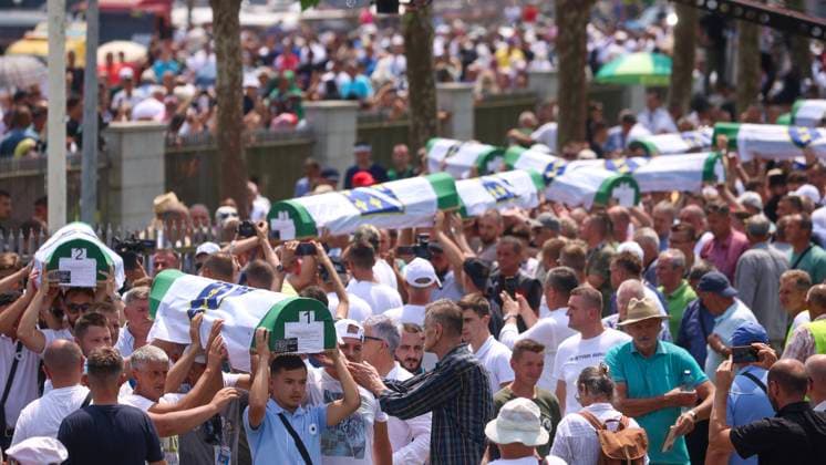 Srebrenica victims™ remains burial Coffins of 30 more victims of the Srebrenica massacre, Europes only acknowledged genocide since World War II, buried at Srebrenica Potocari Memorial and Cemetery on July 11, 2023, in Potocari, Bosnia and Herzegovina. ArminxDurgut PIXSELL