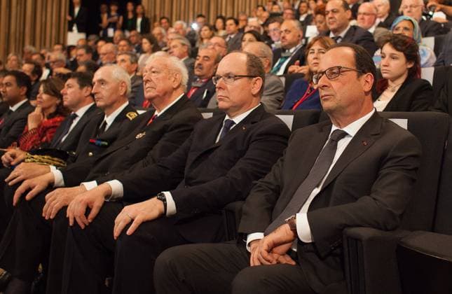 President Hollande Opens MEDCOP21 - Marseille (L-R) Nice mayor Christian Estrosi, Marseille mayor Jean-Claude Gaudin, Prince Albert II of Monaco and French President Francois Hollande during the opening session of the Mediterranean Climate Summit MEDCOP21 held at the Villa Mediterranee in Marseille, southern France on June 4, 2015. Photo by Franck Bessiere ABACAPRESS.COM Marseille France  Copyright: xBessierexFranck ABACAx 503397_002 BessierexFranck ABACAx 503397_002