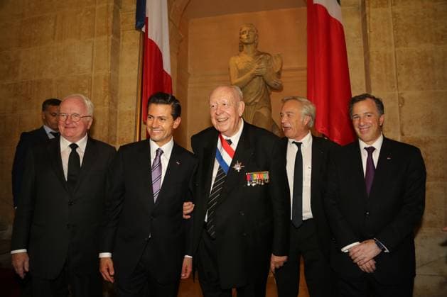 Mexican President State Visit - City Hall - Marseille (L-R) PACA region president Michel Vauzelle, Mexican President Enrique Pena Nieto, Marseille mayor Jean-Claude Gaudin, French Minister of Labour, Employment, Vocational Training and Social Dialogue Francois Rebsamen pose for photographs during a reception in honor of Pena Nieto at the city hall in Marseille, southern France on July 15, 2015. President Pena Nieto is on a four-day state visit to France. Photo by Romain Beurrier Pool ABACAPRESS.COM Marseille PACA France  Copyright: xPool ABACAx 509358_013 Pool ABACAx 509358_013