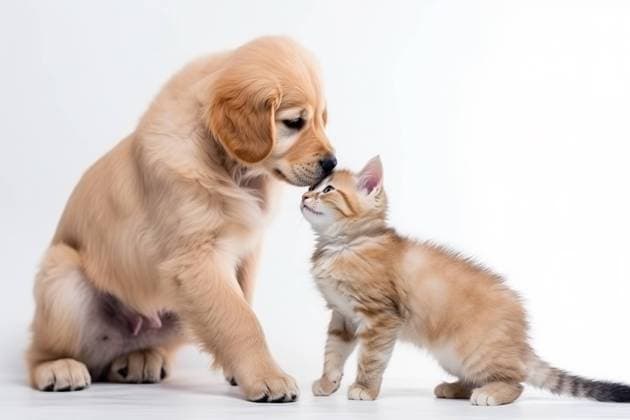 Illustration of a playful interaction between a puppy and a kitten created with Generative AI technology AI GENERATED IMAGE Animals 18 RECORD DATE NOT STATED