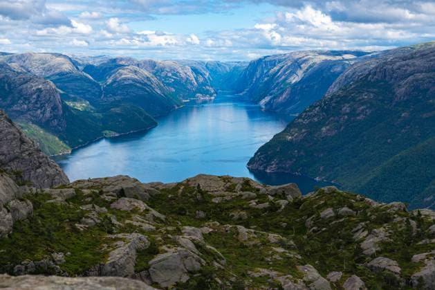 Preikestolen, Norway - July 14, 2023: View of Lysefjord in Norway, panoramic view from famous rock Preikestolen *** Blick auf den Lysefjord in Norwegen, Panorama Aussicht vom berühmten Felsen Preikestolen