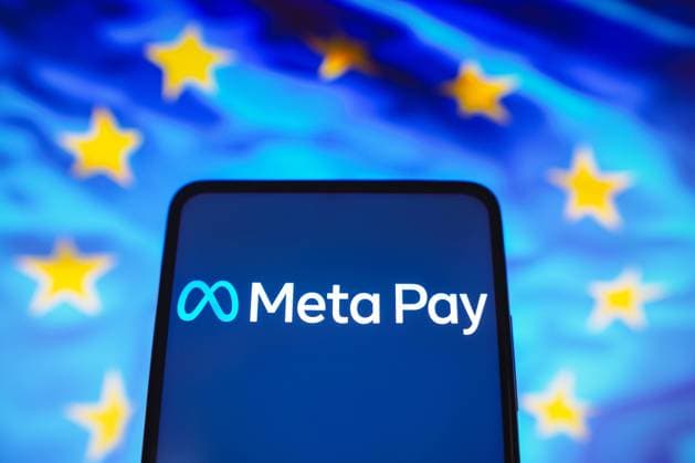May 16, 2023, Brazil. In this photo illustration, the Meta Pay logo is displayed on a smartphone screen and in the background, the flag of the European Union. May 16, 2023, Brazil. In this photo illustration, the Meta Pay logo is displayed on a smartphone screen and in the background, the flag of the European Union Copyright: xZoonar.com rafapressx 20314582