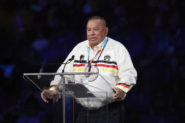 July 16, 2023, Halifax, NS, Canada: Grand Chief of the Mi kmaq Grand Council Norman Sylliboy speaks during the opening ceremony of the North American Indigenous Games 2023 in Halifax, Sunday, July 16, 2023. Halifax Canada  - ZUMAc35_ 20230716_zaf_c35_103 Copyright: xDarrenxCalabresex