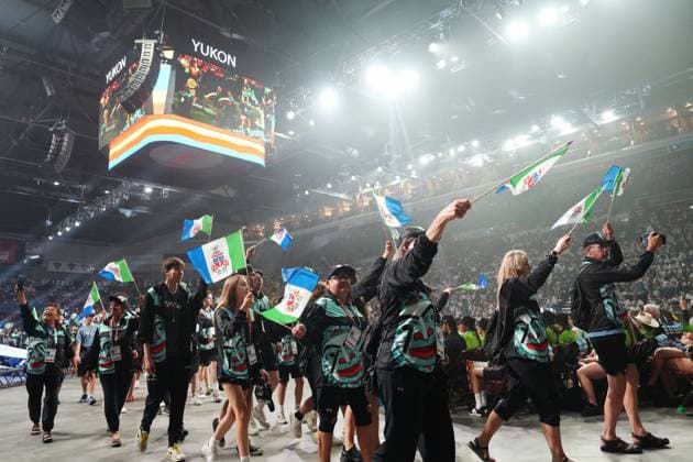 July 16, 2023, Halifax, NS, Canada: Athletes from Team Yukon take part in the athletes parade during the opening ceremony of the North American Indigenous Games 2023 in Halifax, Sunday, July 16, 2023. Halifax Canada  - ZUMAc35_ 20230716_zaf_c35_108 Copyright: xDarrenxCalabresex