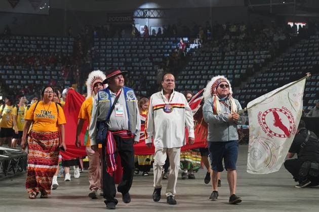 July 16, 2023, Halifax, NS, Canada: Members of Team Manitoba take part in the athletes parade during the opening ceremony of the North American Indigenous Games 2023 in Halifax, Sunday, July 16, 2023. Halifax Canada  - ZUMAc35_ 20230716_zaf_c35_116 Copyright: xDarrenxCalabresex