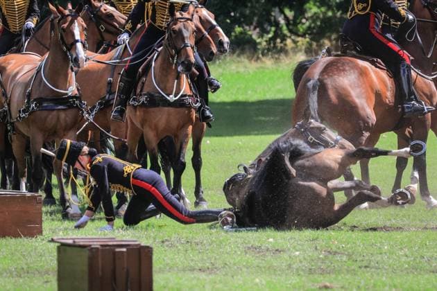 Bilder des Jahres 2023, Entertainment 07 Juli Entertainment Themen der Woche KW29 Soldier thrown off horse at Queen s Royal Gun Salute in Green Park, London, UK London, UK, 17th July 2023. A female soldier is thrown off her horse and several soldiers then run in pursuit of the horse which darts away towards the exit of Green Park, but is caught after a chase lasting several minutes. The incident comes just after the King s Troop Royal Horse Artillery fire a 41 hot Royal Gun Salute for Queen Camilla s birthday in Green Park. They are supported by the Band of the Cold Stream Guards., Credit:Imageplotter Avalon  Copyright: xImageplotterx xAvalonx 0789612678