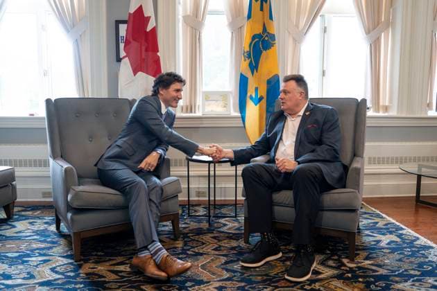 July 17, 2023, Halifax, NS, Canada: Prime Minister Justin Trudeau, left, and Mike Savage, mayor of the Halifax Regional Municipality, meet at City Hall in Halifax, Monday, July 17, 2023. Halifax Canada - ZUMAc35_ 20230717_zaf_c35_066 Copyright: xDarrenxCalabresex